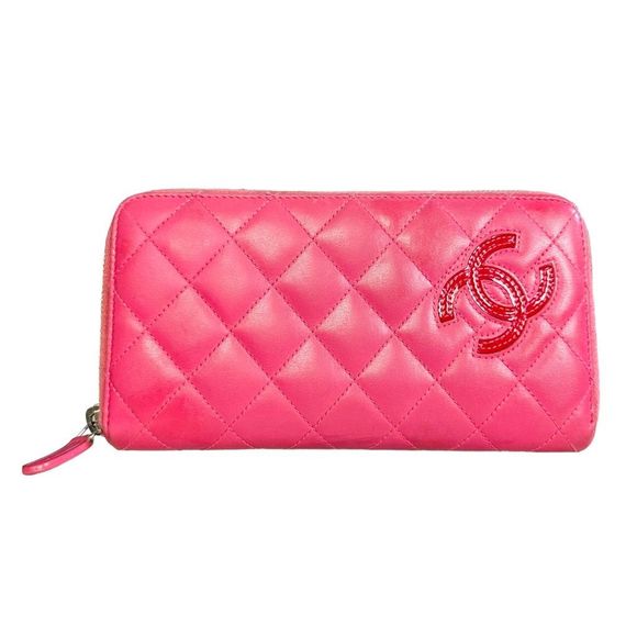 Rare Chanel Pink Large CC Logo Quilted Lamb Skin Leather Zip Around Wallet - Picture 1 of 13